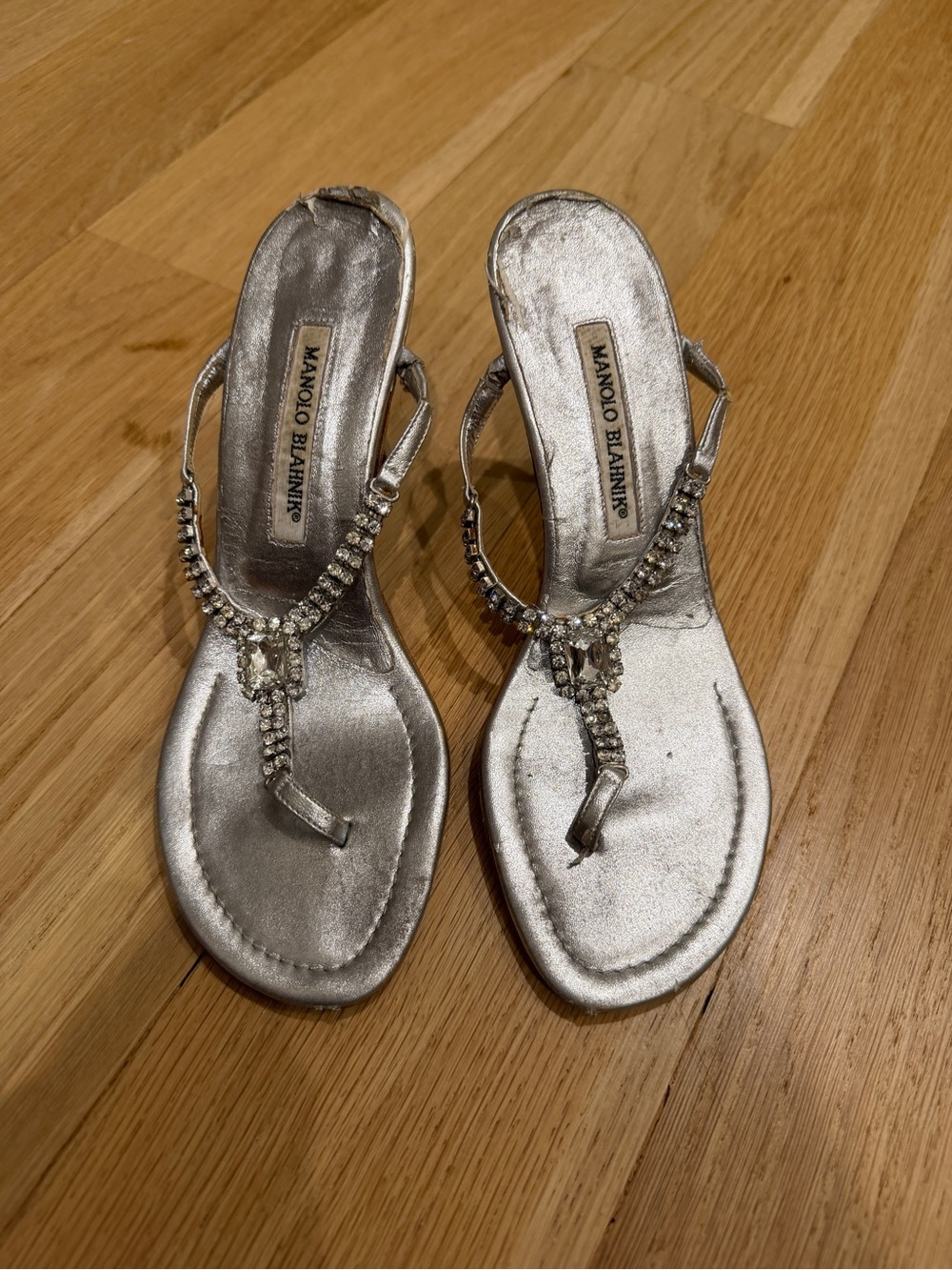 Manolo Blahnik Silver Jeweled Thong Sandals